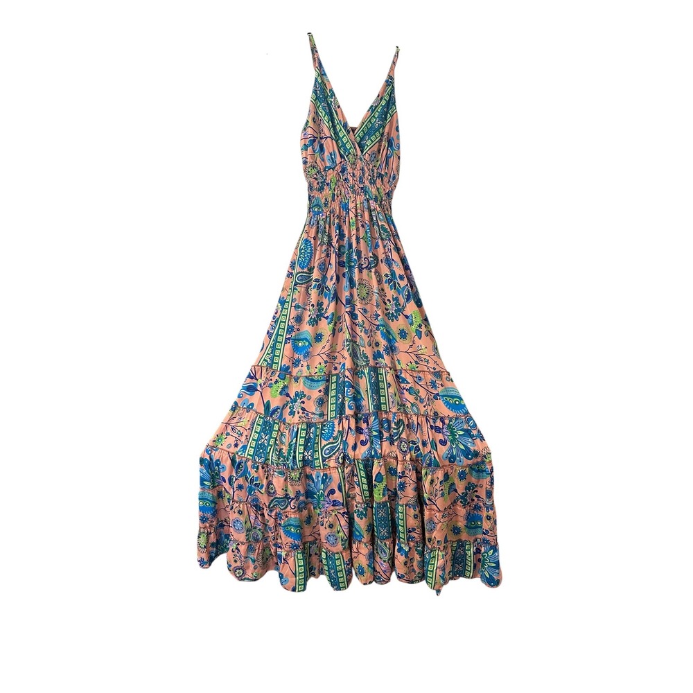 Boho Floral Paisley Smocked Maxi Dress Blue Peach Tiered Summer Sundress